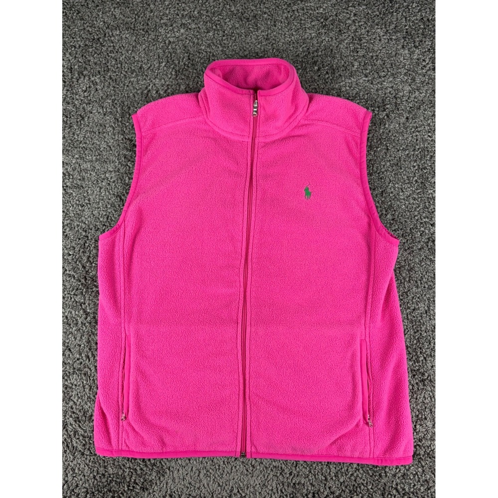 Polo Golf Ralph Lauren Hot Pink Fleece Vest Womens XL Full Zip Green Pony Logo
